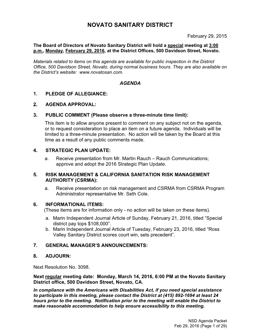 Novato Sanitary District Board Agenda Item Summary