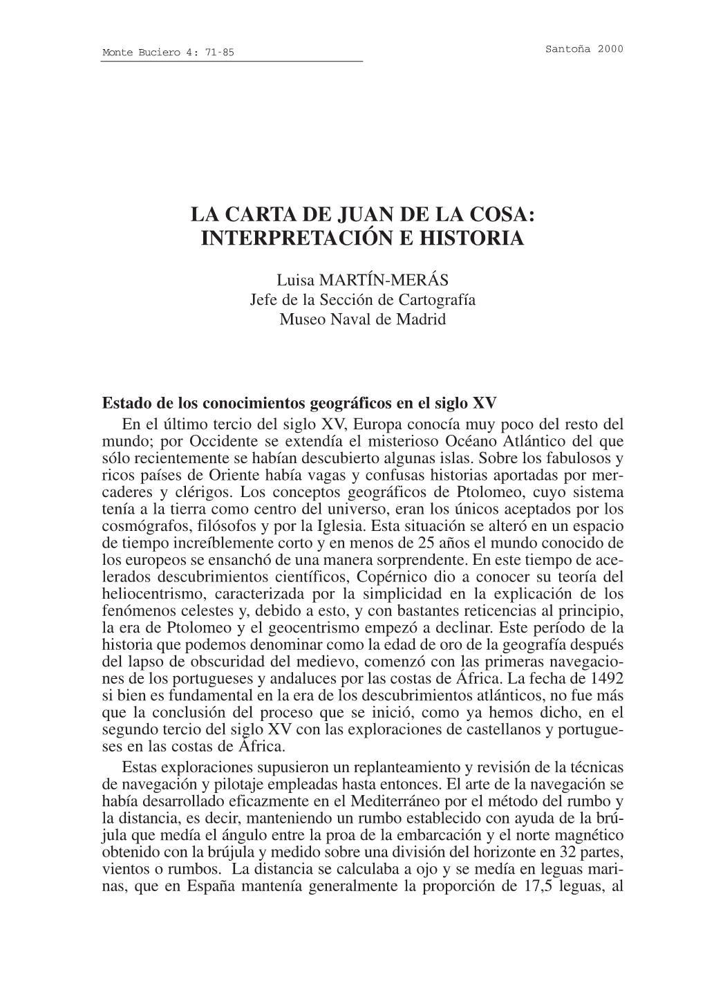 La Carta De Juan De La Cosa: Interpretación E Historia