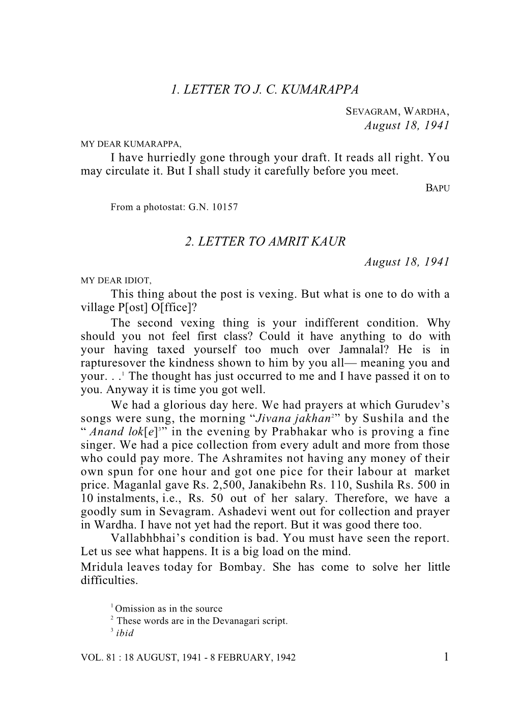 1. Letter to J. C. Kumarappa 2. Letter to Amrit Kaur