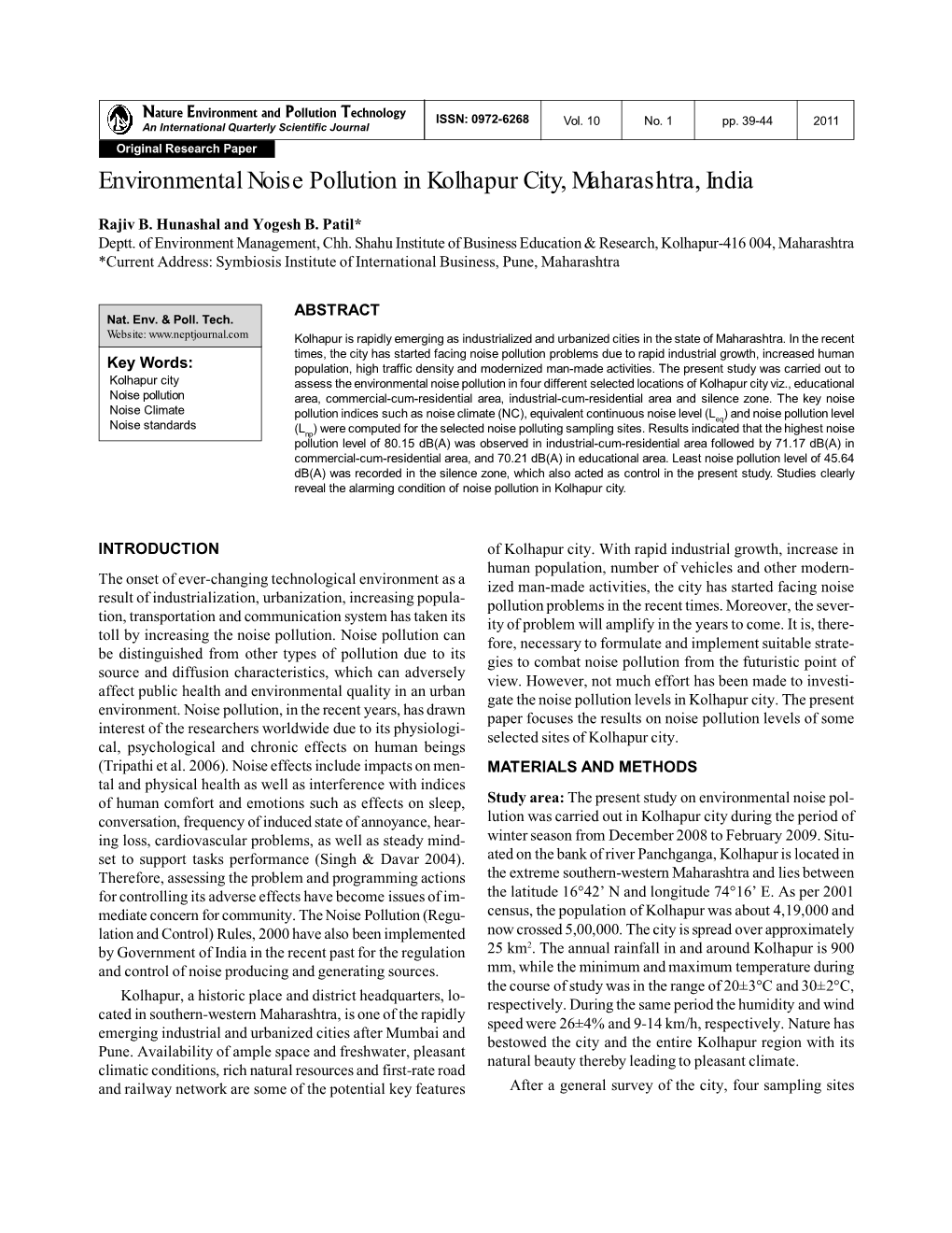 Environmental Noise Pollution in Kolhapur City, Maharashtra, India