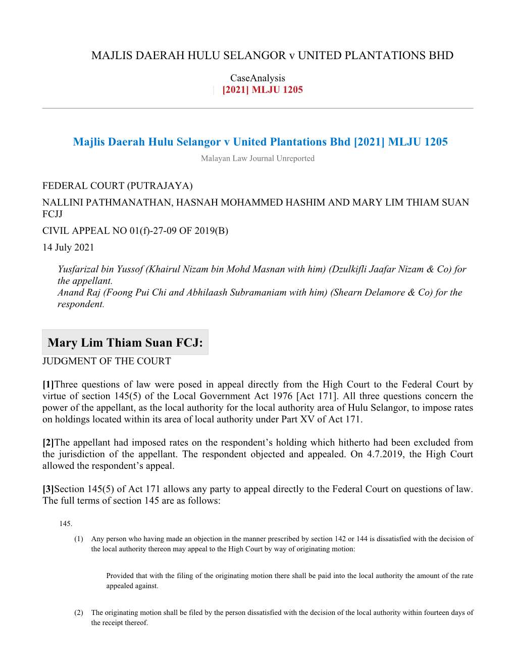Majlis Daerah Hulu Selangor V United Plantations Bhd [2021] MLJU 1205 Malayan Law Journal Unreported