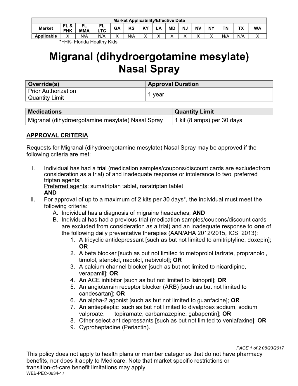 Migranal (Dihydroergotamine Mesylate) Nasal Spray