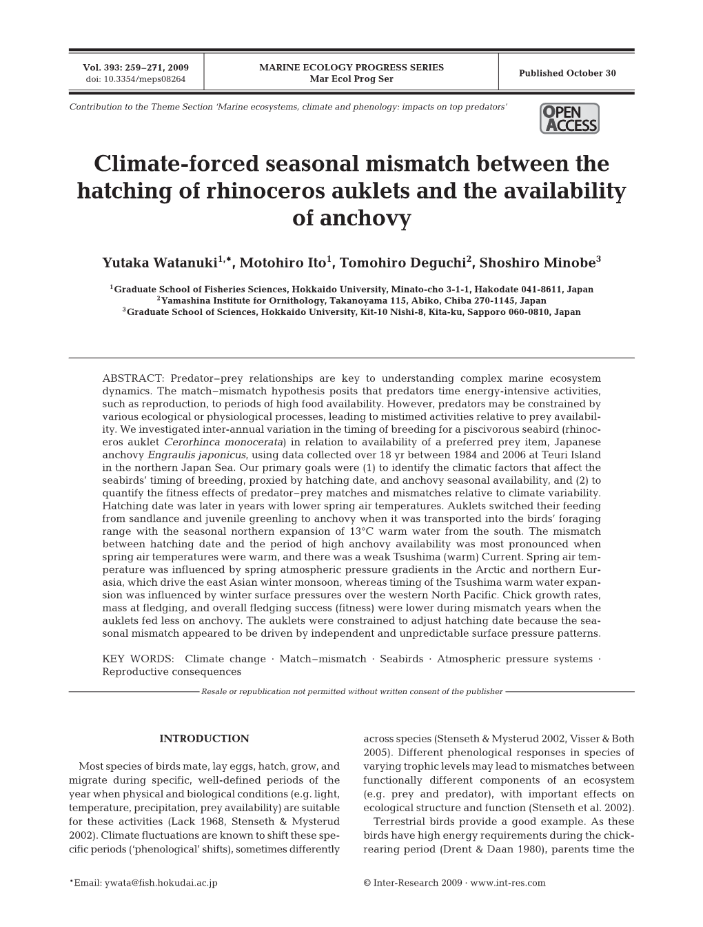 Climate-Forced Seasonal Mismatch Between the Hatching of Rhinoceros Auklets and the Availability of Anchovy