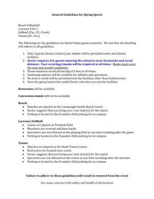 General Guidelines for Spring Sports Beach Volleyball Lacrosse (Var.) Softball (Var., JV., Frosh) Tennis (JV., Var.) the Follow