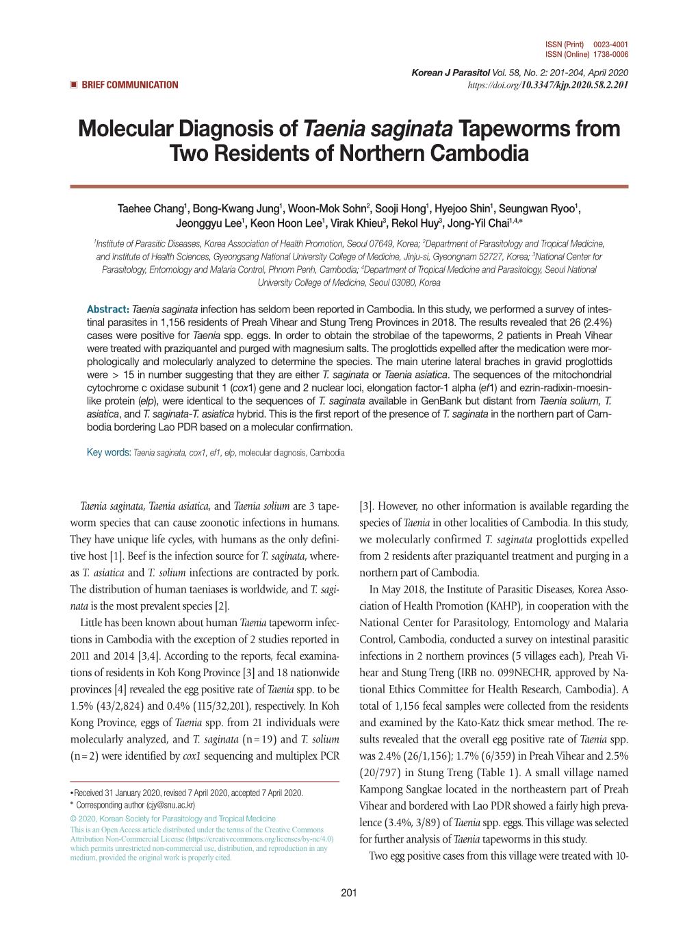 Molecular Diagnosis of Taenia Saginata Tapeworms from Two Residents of Northern Cambodia