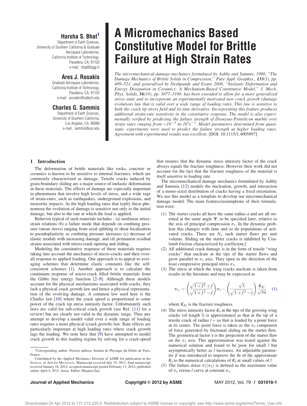 A Micromechanics Based Constitutive Model for Brittle Failure at High