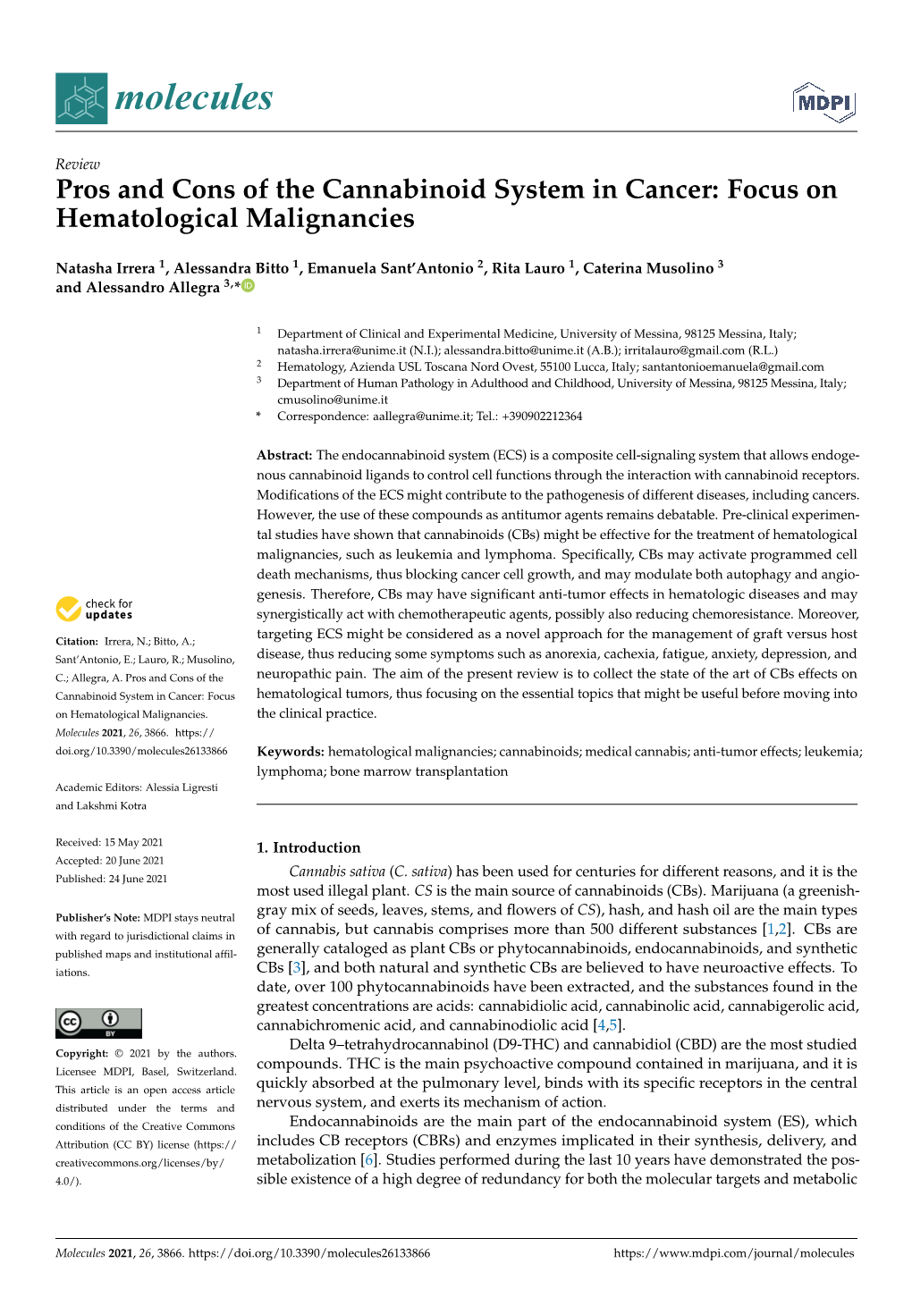 Pros and Cons of the Cannabinoid System in Cancer: Focus on Hematological Malignancies