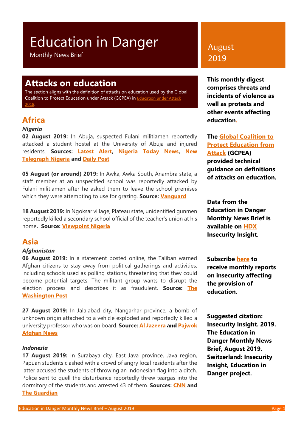 Education in Danger August Monthly News Brief 2019