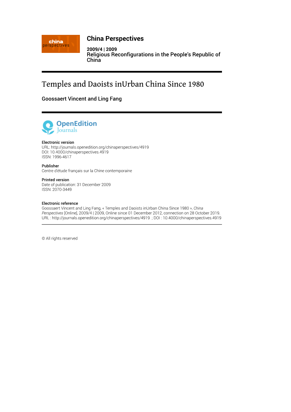 Temples and Daoists Inurban China Since 1980
