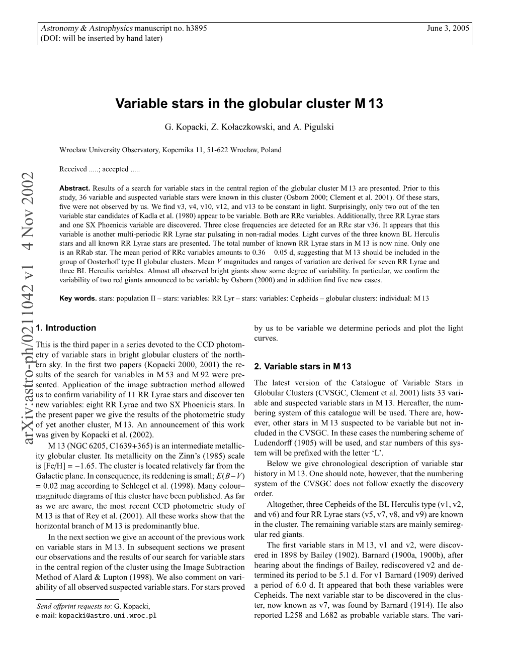 Variable Stars in the Globular Cluster M 13 Ability of V7 Was Conﬁrmed by Shapley (1915B)