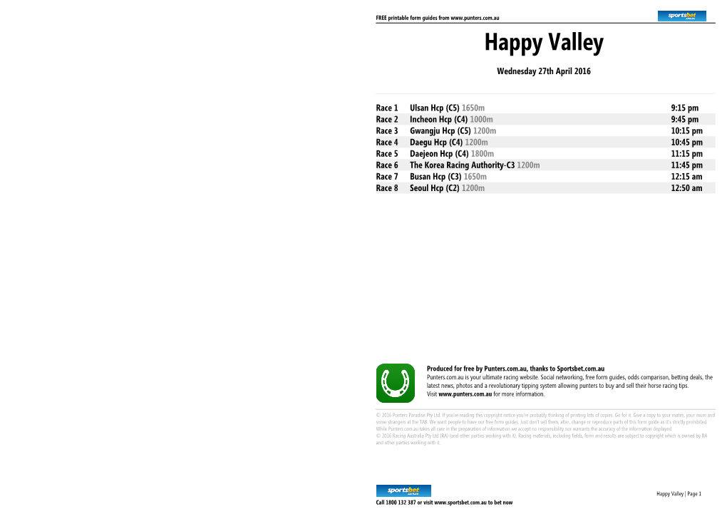 Happy Valley Printable Form Guide