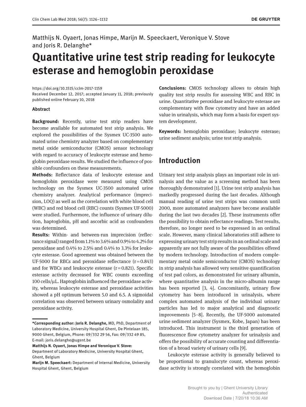 Quantitative Urine Test Strip Reading for Leukocyte Esterase