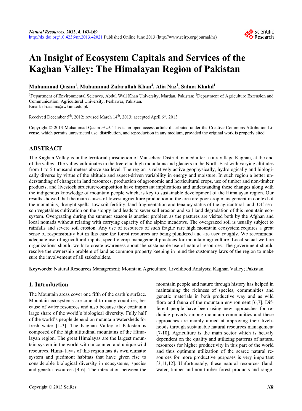 An Insight of Ecosystem Capitals and Services of the Kaghan Valley: the Himalayan Region of Pakistan