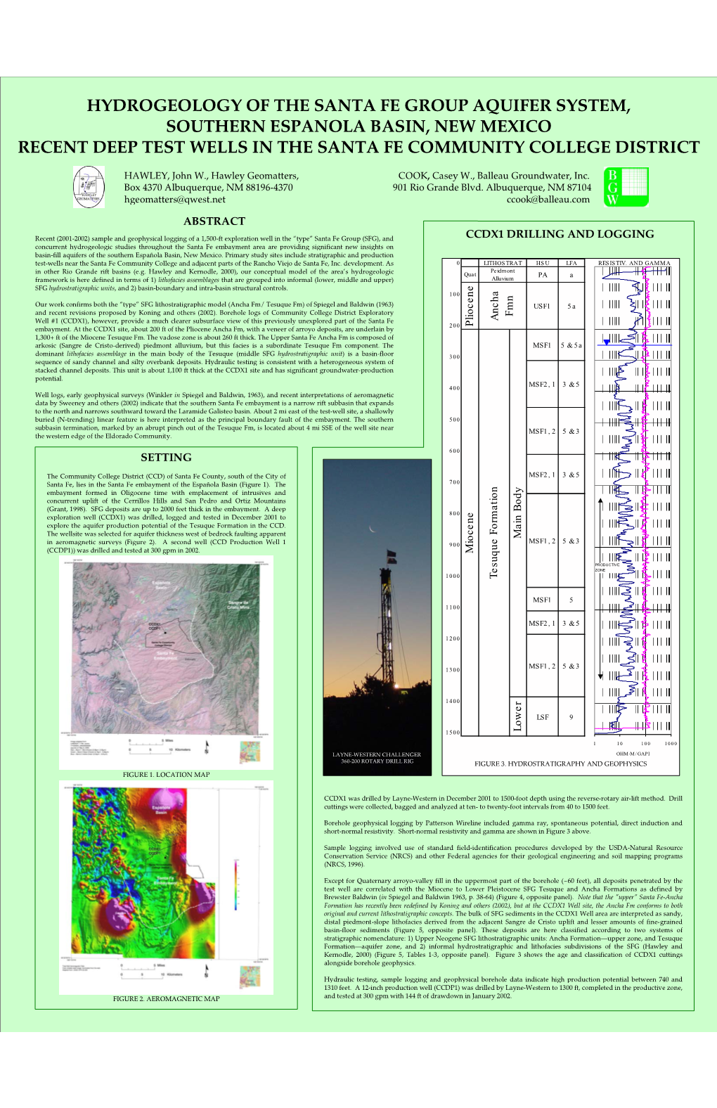 Hydrogeology of the Santa Fe Group Aquifer System, Southern Espanola Basin, New Mexico Recent Deep Test Wells in the Santa Fe Community College District