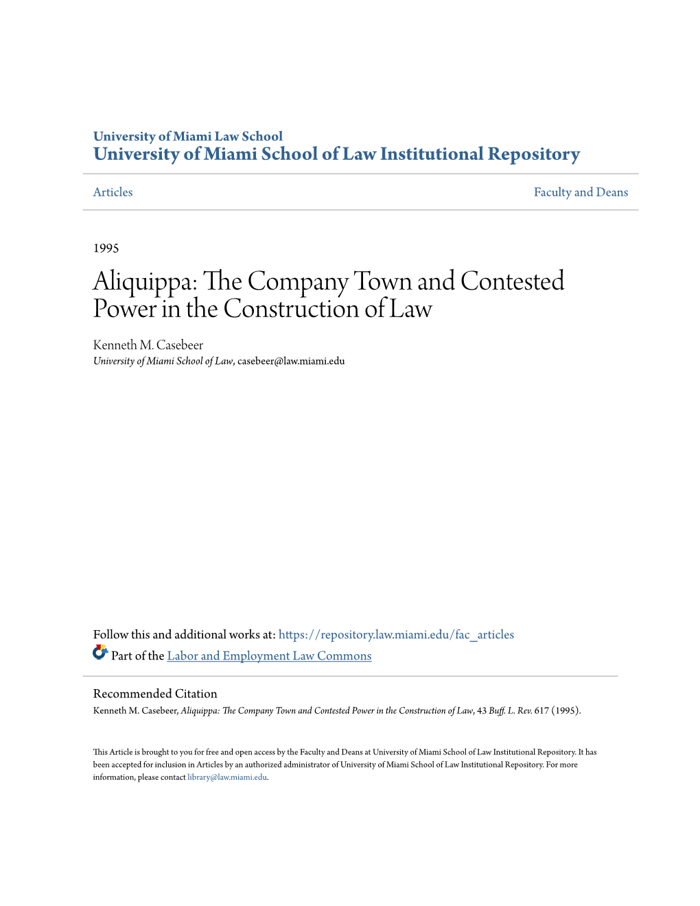 Aliquippa: the Ompc Any Town and Contested Power in the Construction of Law Kenneth M