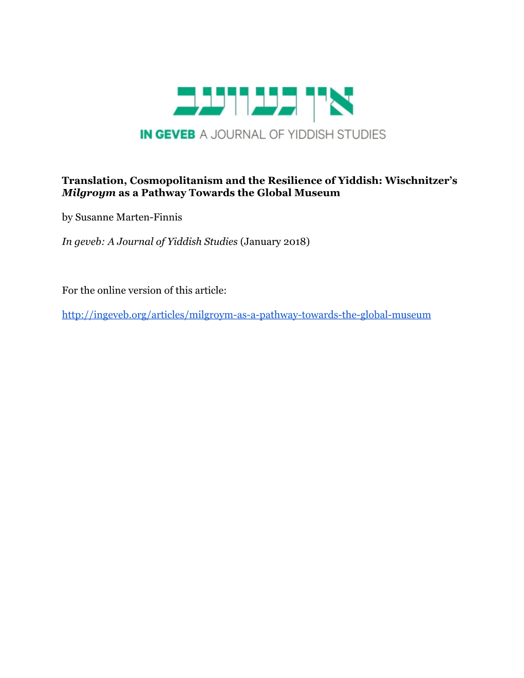 Translation, Cosmopolitanism and the Resilience of Yiddish: Wischnitzer's