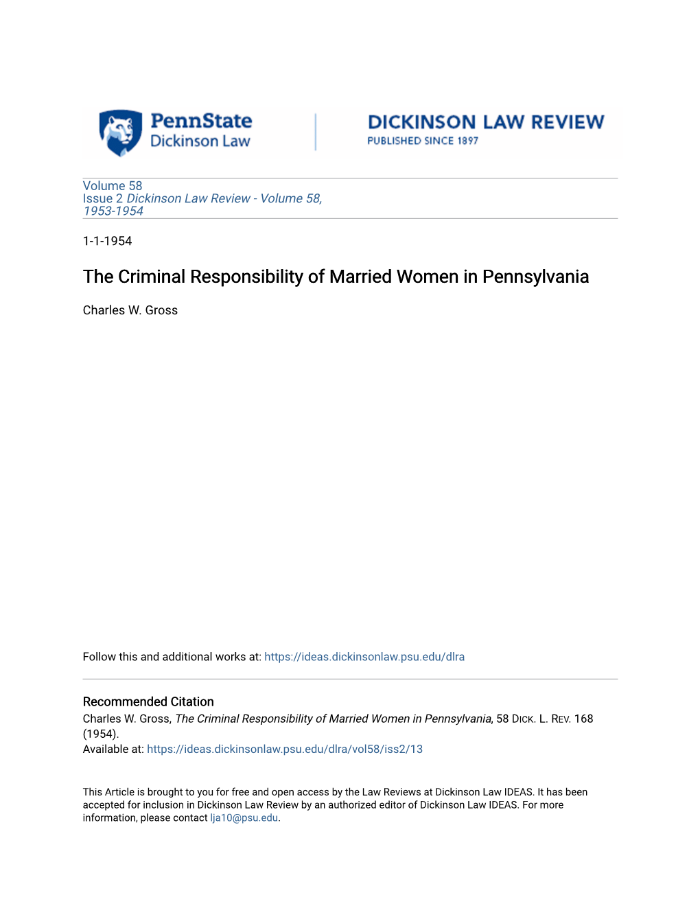 The Criminal Responsibility of Married Women in Pennsylvania