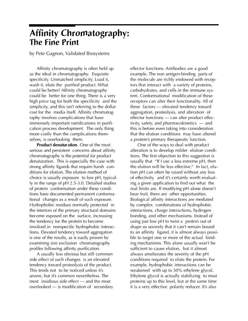 Affinity Chromatography: the Fine Print by Pete Gagnon, Validated Biosystems