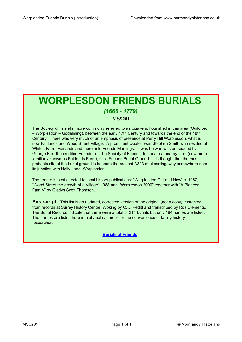 Worplesdon Friends Burials (Introduction) Downloaded From