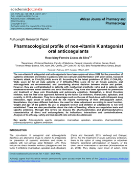Pharmacological Profile of Non-Vitamin K Antagonist Oral Anticoagulants