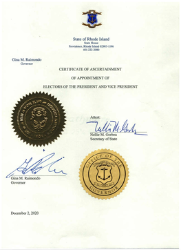 Rhode Island Certificate of Ascertainment 2020