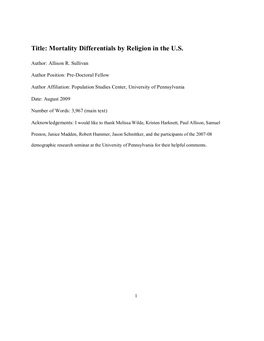 Mortality Differentials by Religion in the U.S