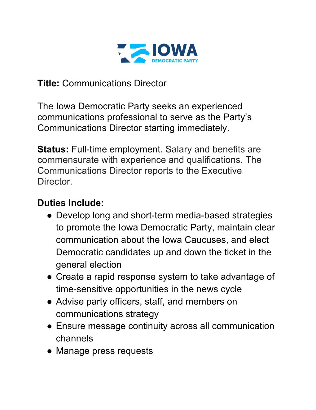 Title: ​Communications Director the Iowa Democratic Party Seeks An