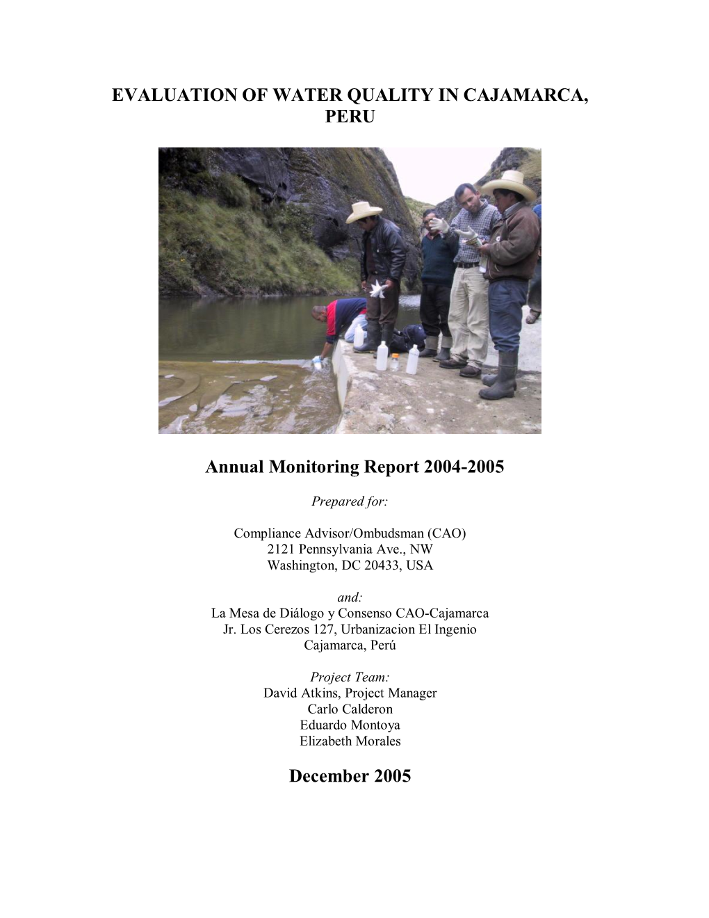 EVALUATION of WATER QUALITY in CAJAMARCA, PERU Annual