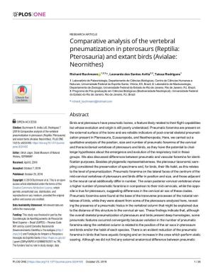 Comparative Analysis of the Vertebral Pneumatization in Pterosaurs (Reptilia: Pterosauria) and Extant Birds (Avialae: Neornithes)