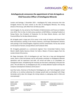 Antofagasta Plc Announces the Appointment of Iván Arriagada As Chief Executive Officer of Antofagasta Minerals