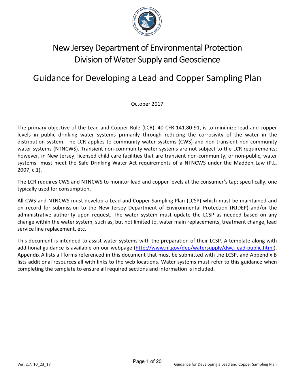 Guidance for Developing a Lead and Copper Sampling Plan