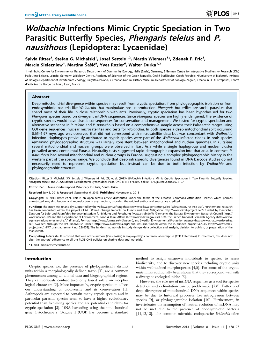 Wolbachia Infections Mimic Cryptic Speciation in Two Parasitic Butterfly Species, Phengaris Teleius and P