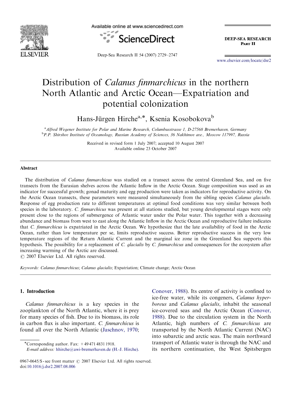 Distribution of Calanus Finmarchicus in the Northern North Atlantic and Arctic Ocean—Expatriation and Potential Colonization