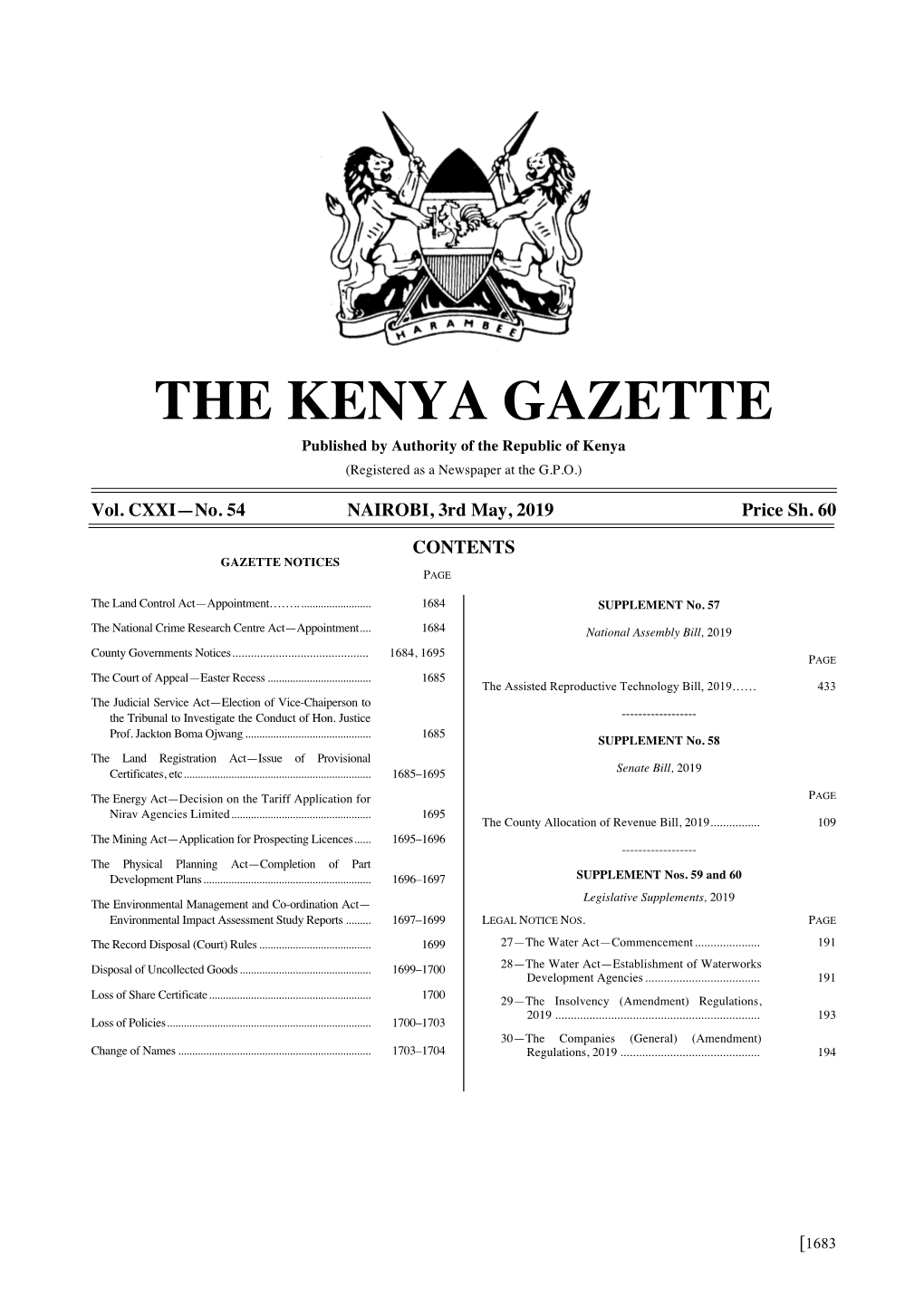 THE KENYA GAZETTE Published by Authority of the Republic of Kenya (Registered As a Newspaper at the G.P.O.)