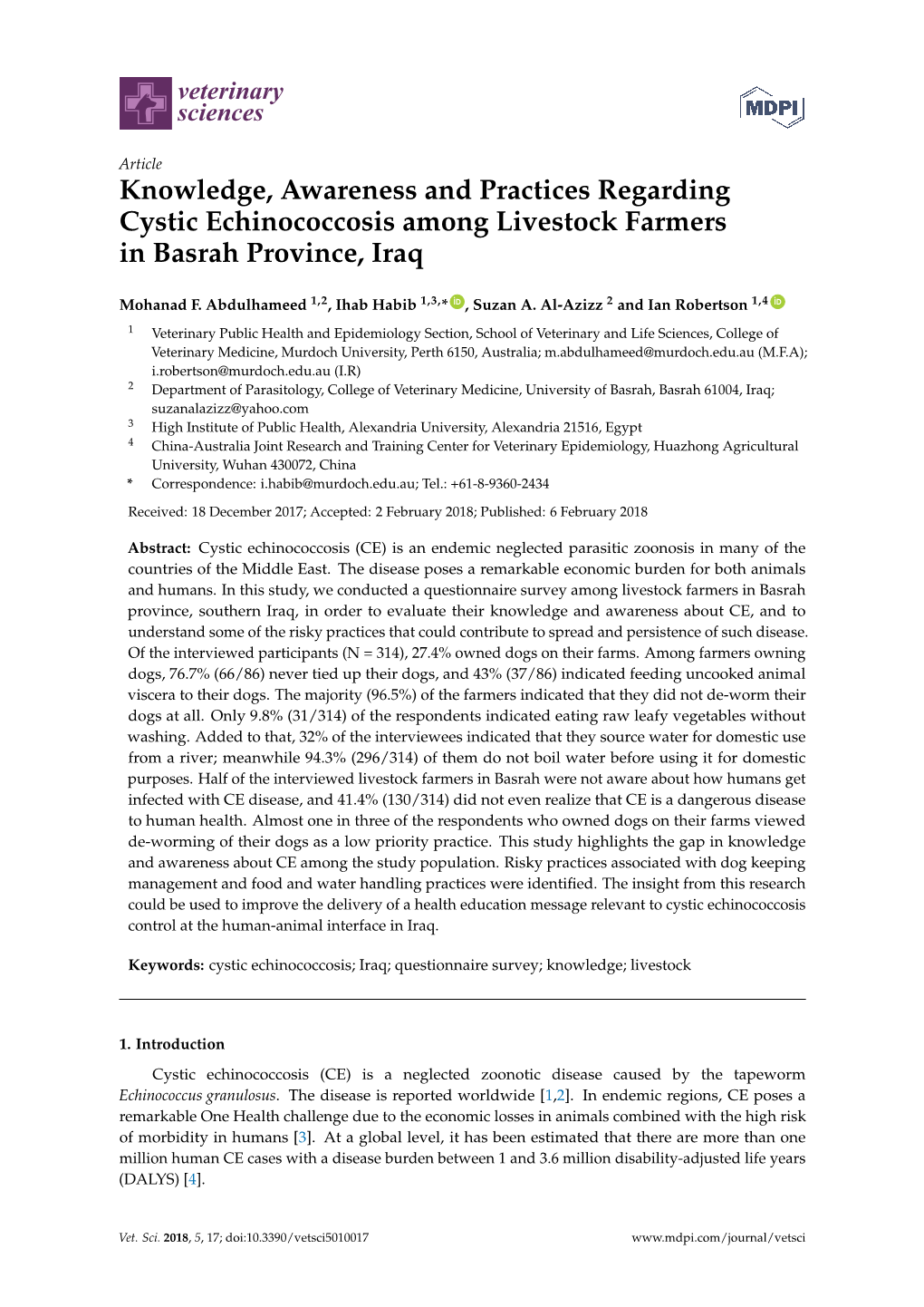 Knowledge, Awareness and Practices Regarding Cystic Echinococcosis Among Livestock Farmers in Basrah Province, Iraq