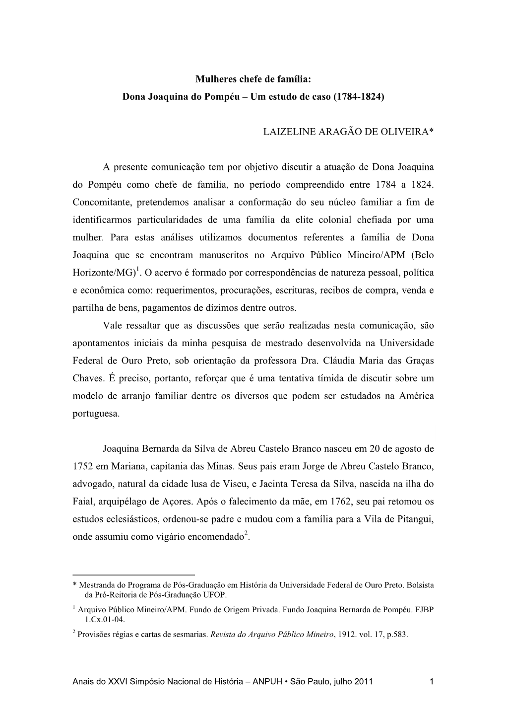 Dona Joaquina Do Pompéu – Um Estudo De Caso (1784-1824)