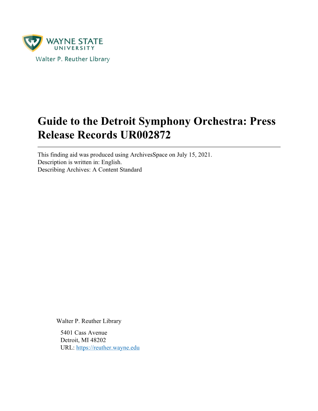 Detroit Symphony Orchestra: Press Release Records UR002872