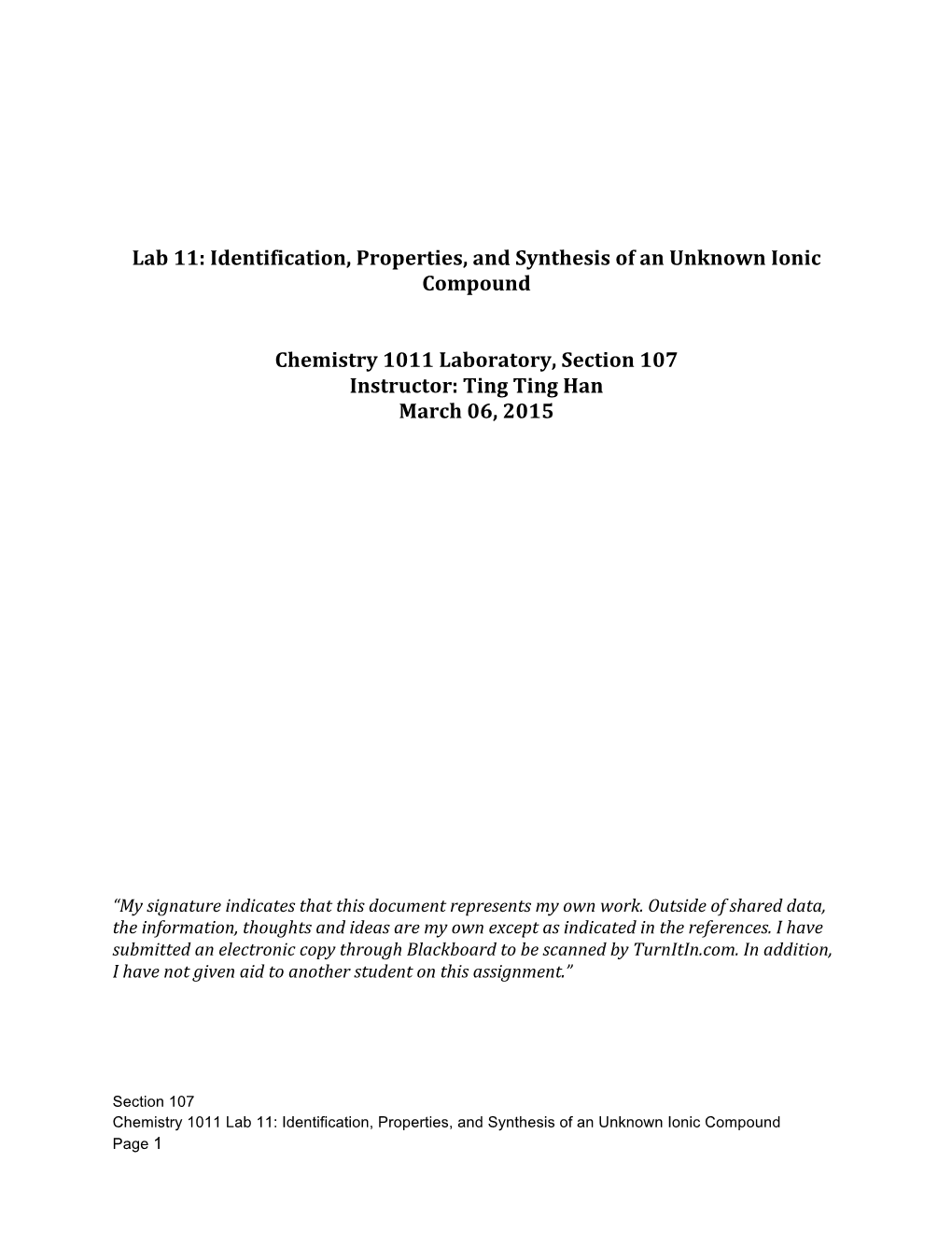 Lab 11: Identification, Properties, and Synthesis of an Unknown Ionic Compound