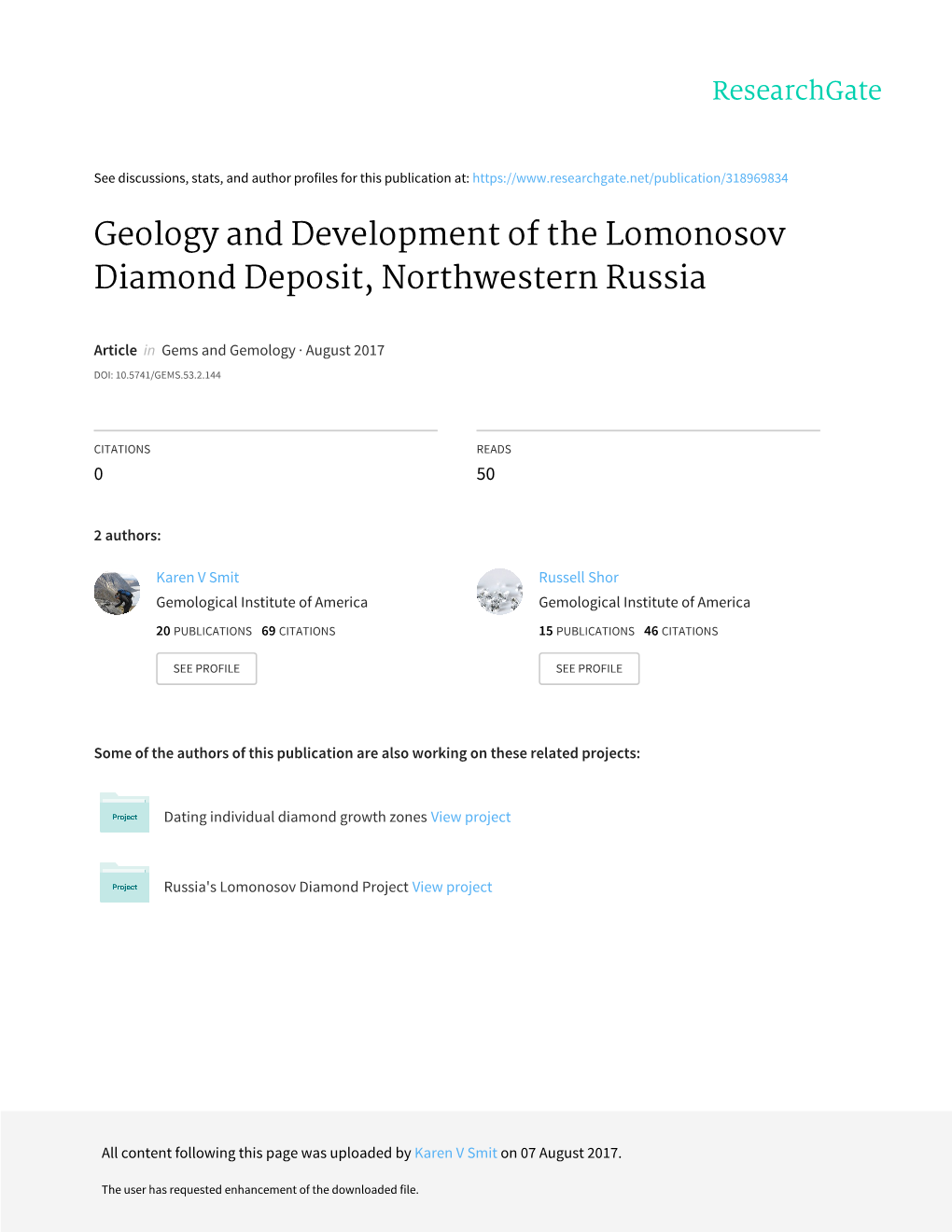 Geology and Development of the Lomonosov Diamond Deposit, Northwestern Russia