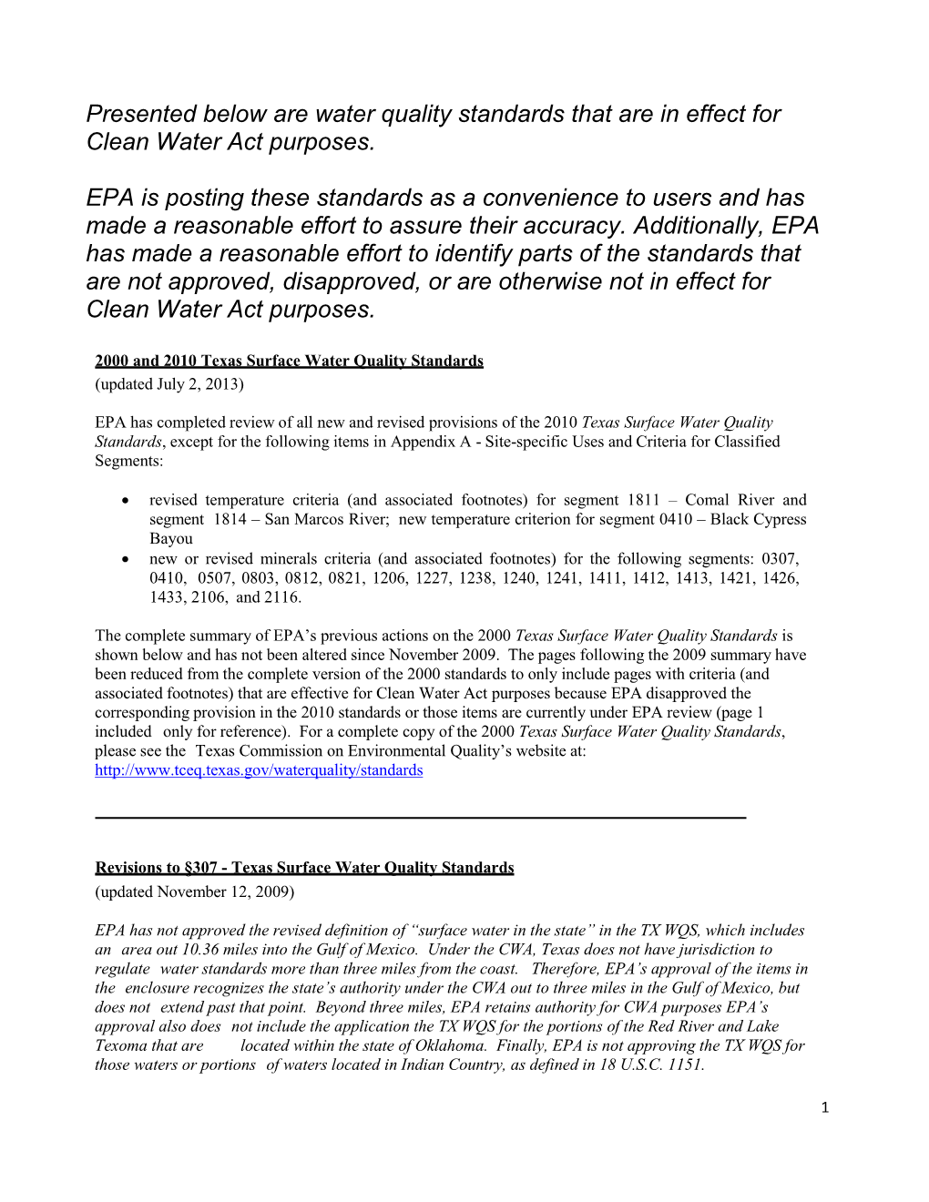 Texas Surface Water Quality Standards (Updated July 2, 2013)