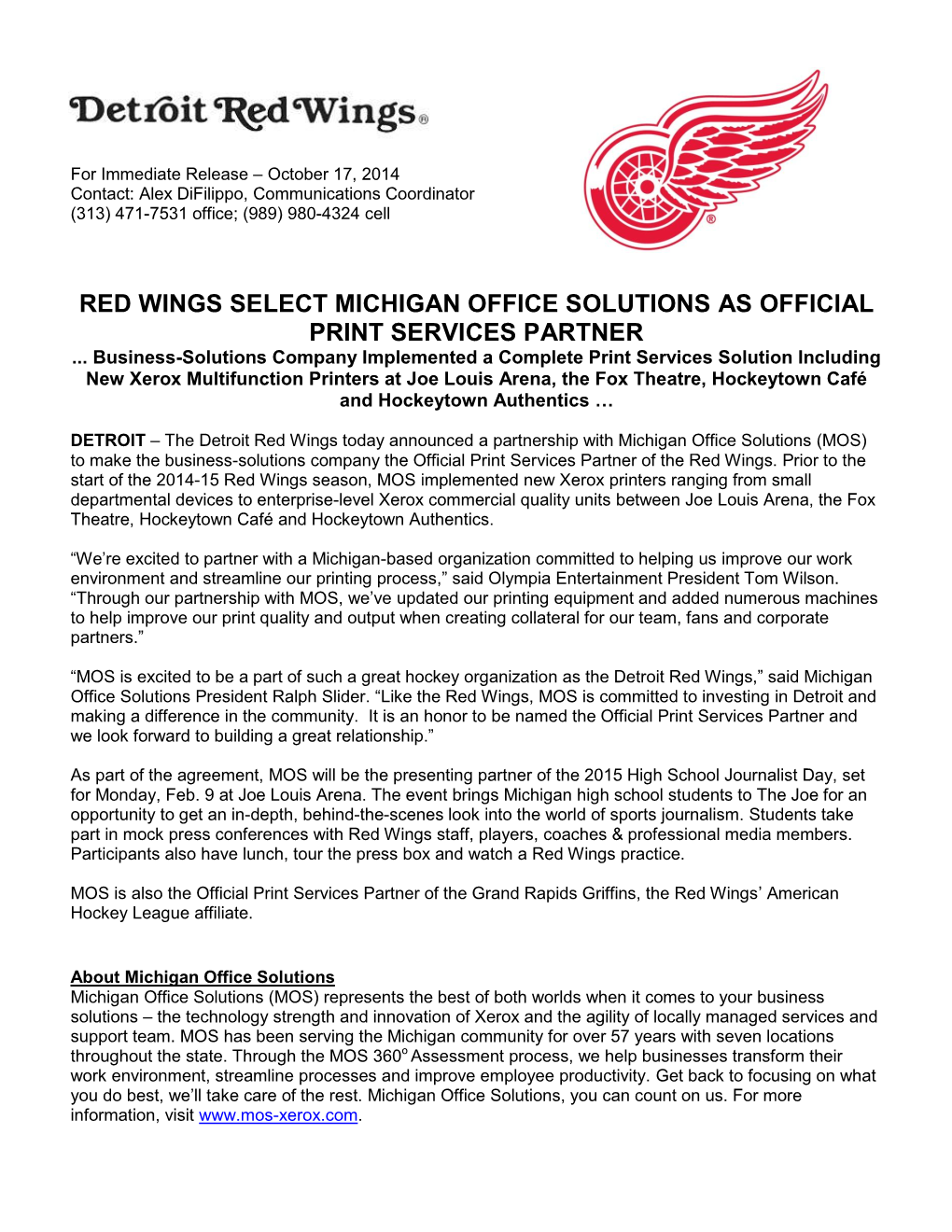 Red Wings Select Michigan Office Solutions As Official Print Services Partner