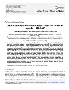 Critical Analysis of Archaeological Research Trends in Uganda: 1920-2018