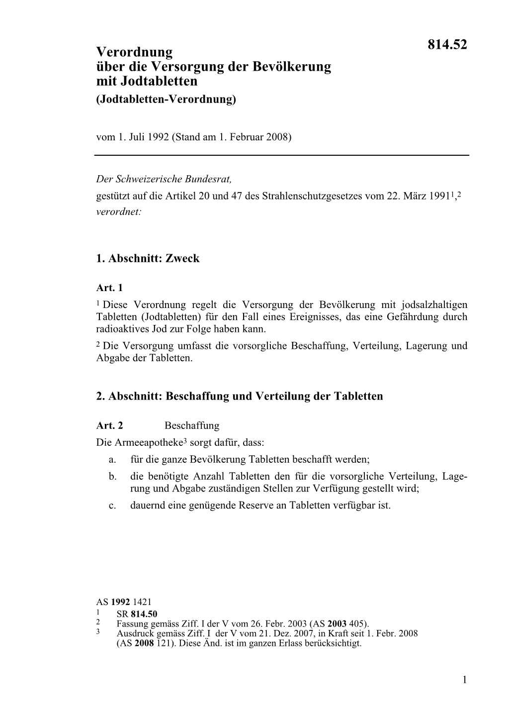 Verordnung Über Die Versorgung Der Bevölkerung Mit Jodtabletten 814.52