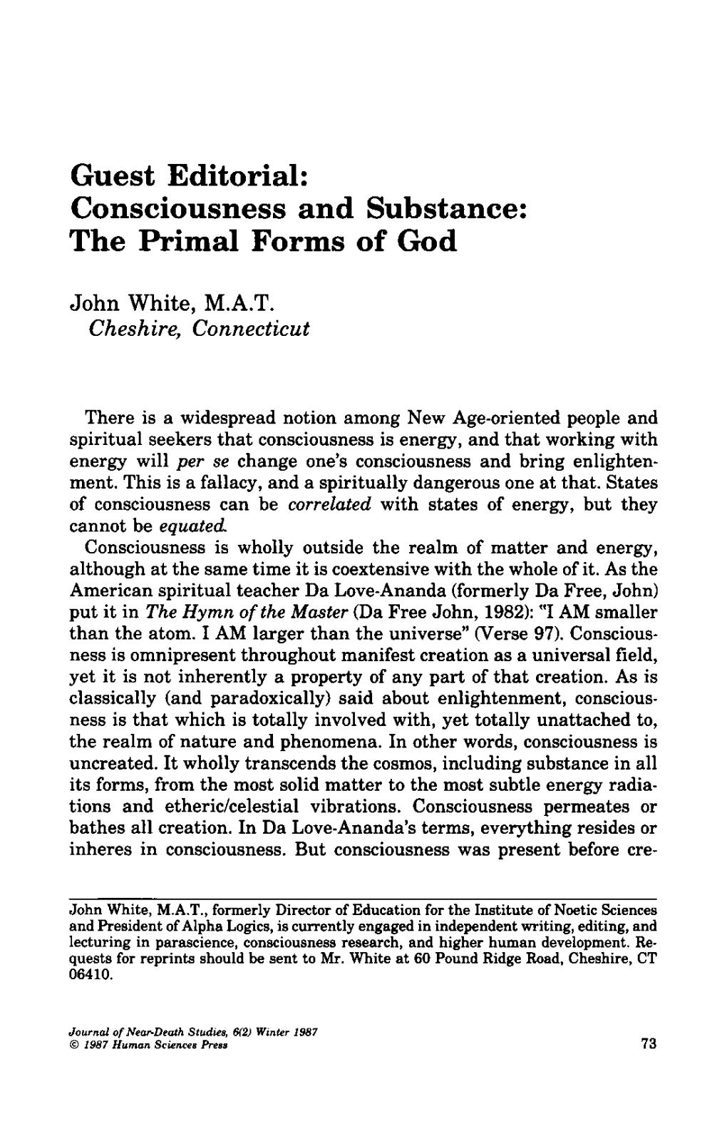 Consciousness and Substance: the Primal Forms of God