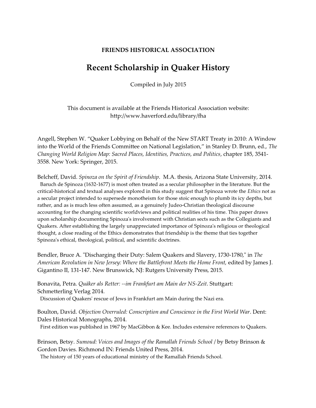 Recent Scholarship in Quaker History