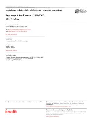 Hommage À Stockhausen (1928-2007) Gilles Tremblay