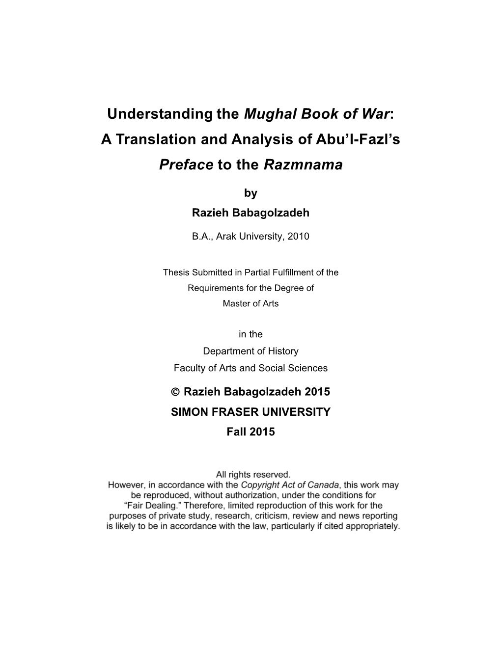 A Translation and Analysis of Abu'l-Fazl's Preface to the Razmnama