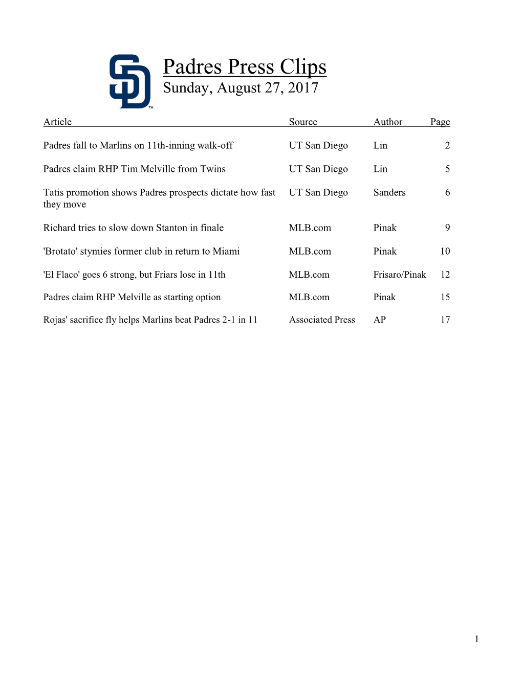 Padres Press Clips Sunday, August 27, 2017