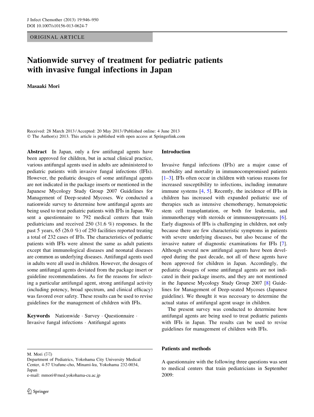 Nationwide Survey of Treatment for Pediatric Patients with Invasive Fungal Infections in Japan
