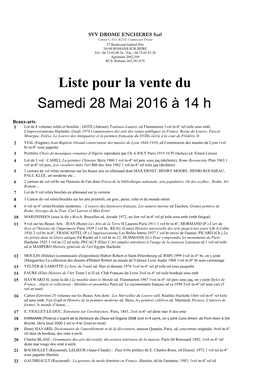Liste Pour La Vente Du Samedi 28 Mai 2016 À 14 H